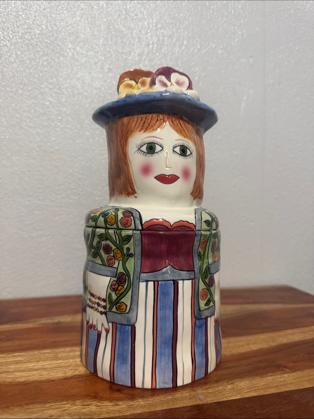 jocelyn Hand-Painted Ceramic Lady Canister in Blue, Red and Green